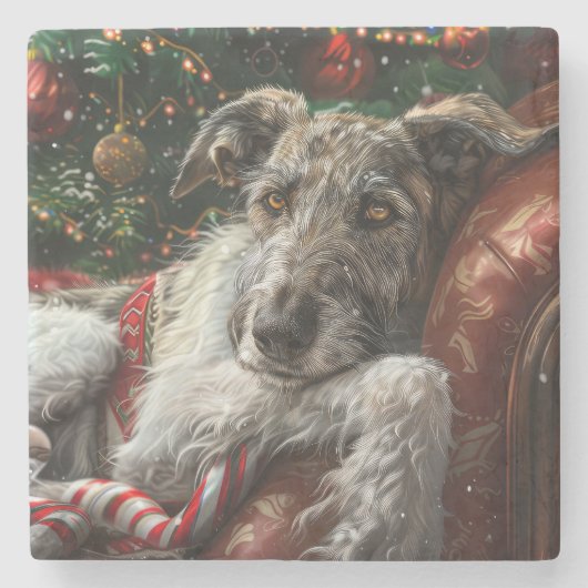 Wolf Hound Hond Kerst Feestelijk Stenen Onderzetter (Voorkant)