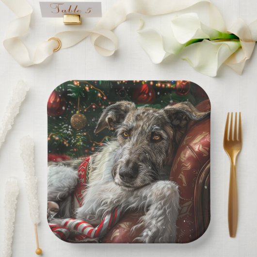Wolf Hound Hond Kerst Festief Papieren Bordje (Huwelijk)