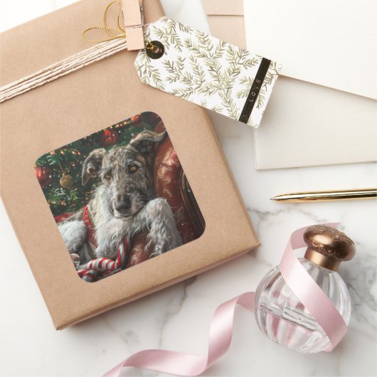 Wolf Hound Hond Kerst Festief Vierkante Sticker (Geschenken)