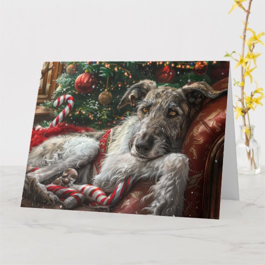 Wolf Hound Hond Kerstfeest Kaart (Gele Bloem)