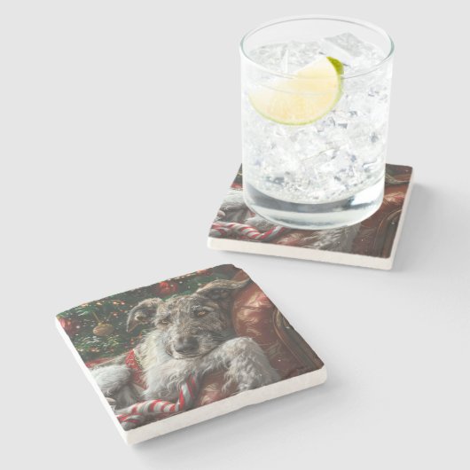 Wolf Hound Hond Kerstfeest Stenen Onderzetter (Zijkant)