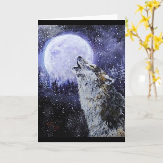 Wolf Howl en Moon Winter Kaart (Gele Bloem)