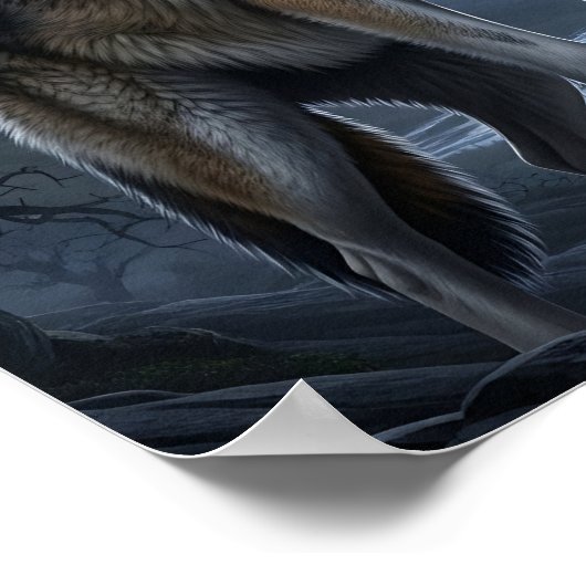 Wolf Howling at Full Moon with Lightning Storm Poster (Hoek)