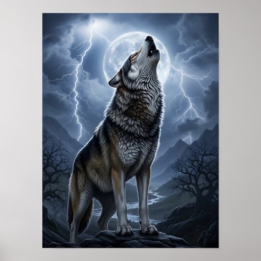 Wolf Howling at Full Moon with Lightning Storm Poster (Voorkant)