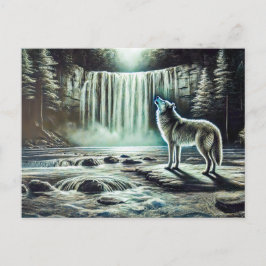 Wolf Howling at Moon by Waterfall Briefkaart