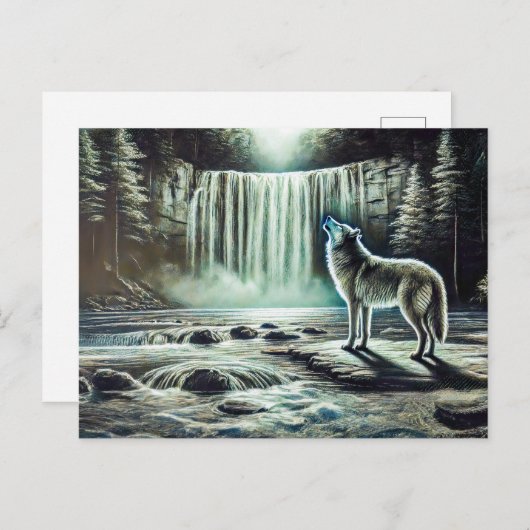 Wolf Howling at Moon by Waterfall Briefkaart (Voorkant / Achterkant)