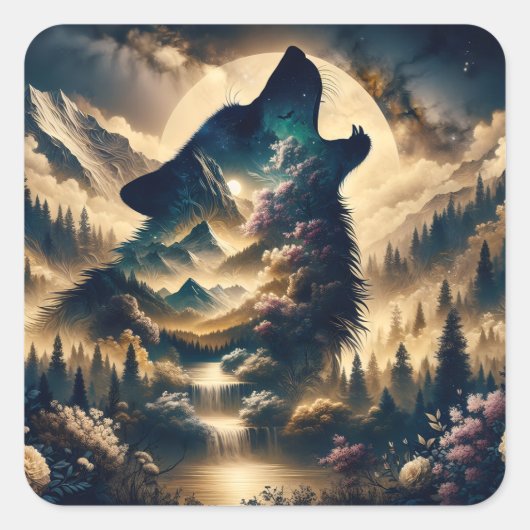 Wolf Howling at the Moon Vierkante Sticker (Voorkant)