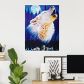 Wolf Howling bij de Full Blue Moon Poster (Thuiskantoor)
