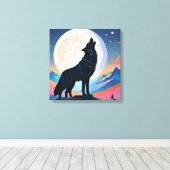 Wolf Howling bij de maan Canvas Afdruk (Insitu (Houten vloer))