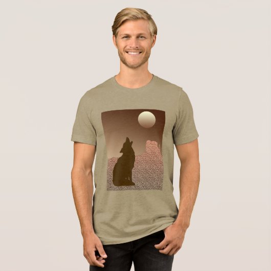 Wolf Howling bij de maan in Brown en Tan Tri-Blend Shirt (Voorkant volledig)