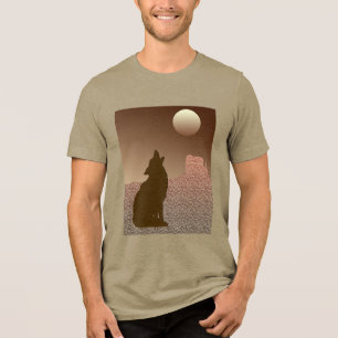 Wolf Howling bij de maan in Brown en Tan Tri-Blend Shirt