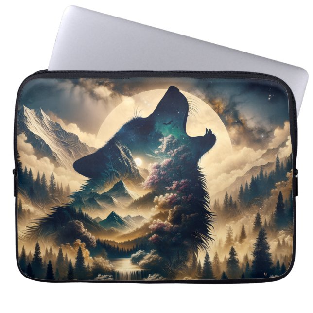Wolf Howling bij de maan op een bewolkte nacht Laptop Sleeve (Voorkant)