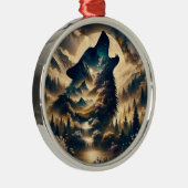 Wolf Howling bij de maan op een bewolkte nacht Metalen Ornament (Rechts)