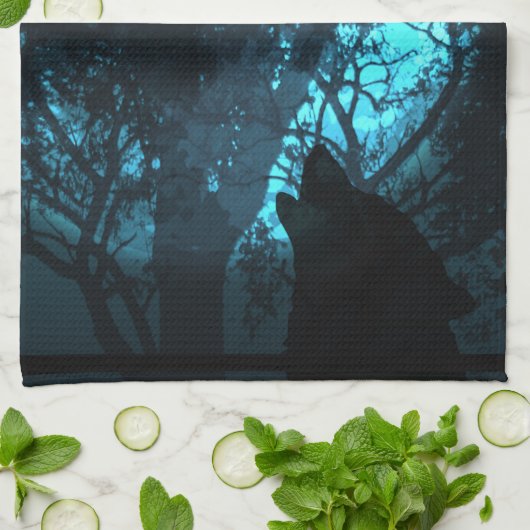 Wolf Howling bij de maan Theedoek (Gevouwen)
