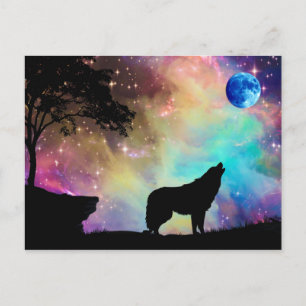 Wolf Howling bij de Moon Galaxy Stars Animal Briefkaart
