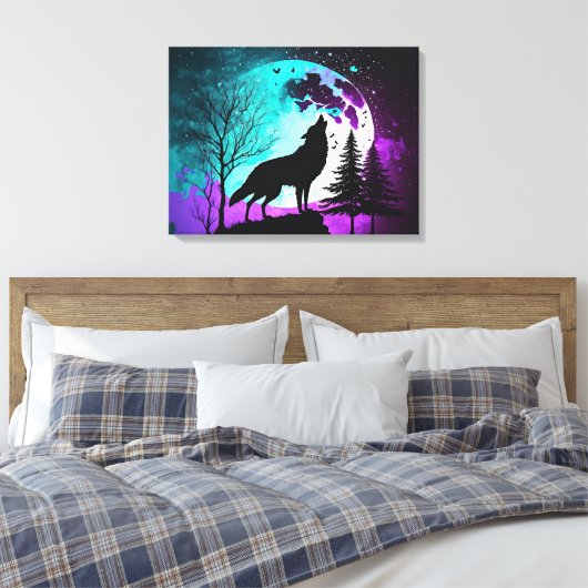Wolf Howling bij de Moon Galaxy Stars Animal Canvas Afdruk (Insitu (Slaapkamer))