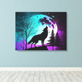 Wolf Howling bij de Moon Galaxy Stars Animal Canvas Afdruk (Insitu (Houten vloer))