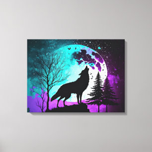Wolf Howling bij de Moon Galaxy Stars Animal Canvas Afdruk