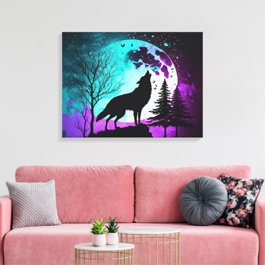 Wolf Howling bij de Moon Galaxy Stars Animal Canvas Afdruk (Insitu (Woonkamer))