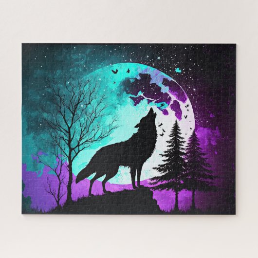Wolf Howling bij de Moon Galaxy Stars Animal Legpuzzel (Horizontaal)
