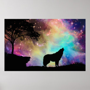 Wolf Howling bij de Moon Galaxy Stars Animal Poster