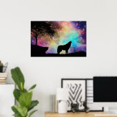 Wolf Howling bij de Moon Galaxy Stars Animal Poster (Thuiskantoor)