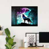 Wolf Howling bij de Moon Galaxy Stars Animal Poster (Thuiskantoor)