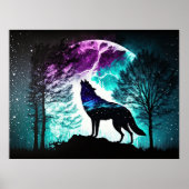 Wolf Howling bij de Moon Galaxy Stars Animal Poster (Voorkant)