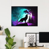 Wolf Howling bij de Moon Galaxy Stars Animal Poster (Thuiskantoor)