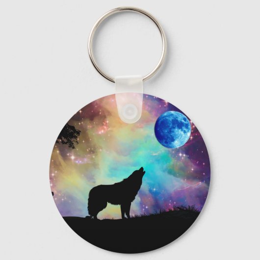 Wolf Howling bij de Moon Galaxy Stars Animal Sleutelhanger (Voorkant)