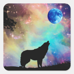 Wolf Howling bij de Moon Galaxy Stars Animal Vierkante Sticker