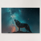 Wolf Howling bij een Blauwe Nebula Jigzaag Puzzle Legpuzzel (Horizontaal)