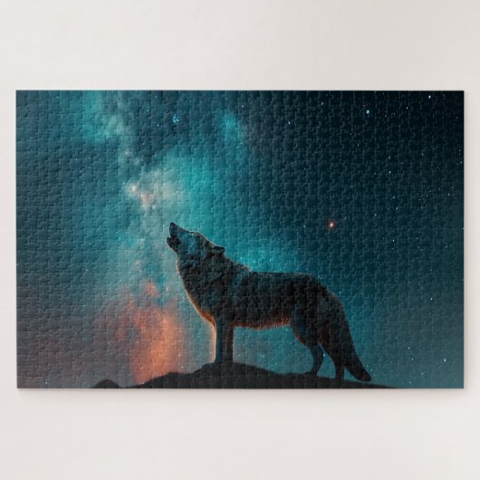 Wolf Howling bij een Blauwe Nebula Jigzaag Puzzle Legpuzzel (Horizontaal)