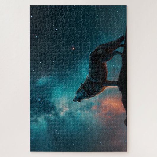 Wolf Howling bij een Blauwe Nebula Jigzaag Puzzle Legpuzzel (Verticaal)