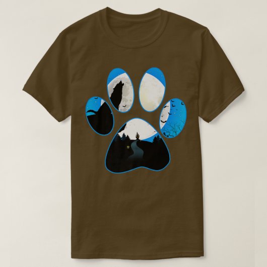Wolf Howling bij Moon Blue Dog Paw Halloween T-shirt (Design voorkant)