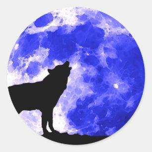 Wolf Howling bij Moon Blue Night Ronde Sticker
