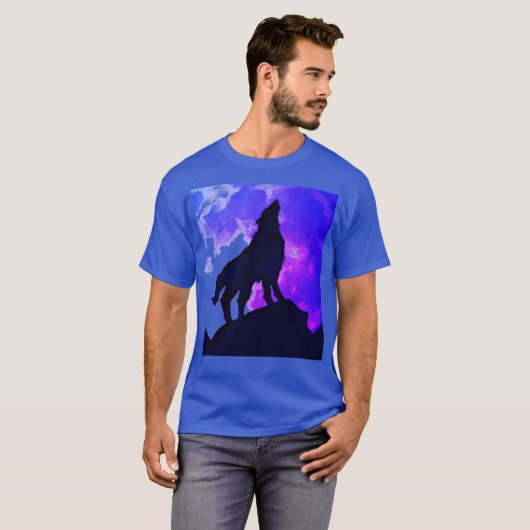 Wolf Howling bij Moon Deep Royal Blue T-shirt (Voorkant volledig)