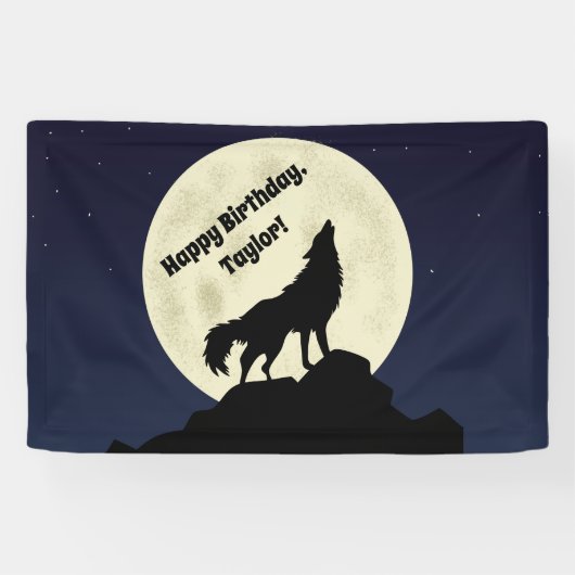 Wolf Howling bij Moon Midnight Blue Spandoek (Horizontaal)