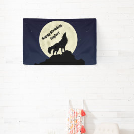 Wolf Howling bij Moon Midnight Blue Spandoek