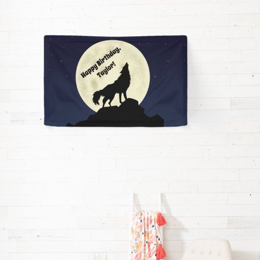 Wolf Howling bij Moon Midnight Blue Spandoek (Insitu)