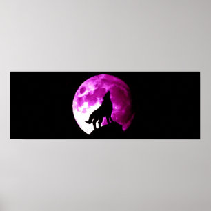 Wolf Howling bij Moon Panoramic Poster Print