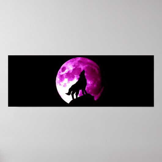 Wolf Howling bij Moon Panoramic Poster Print (Voorkant)
