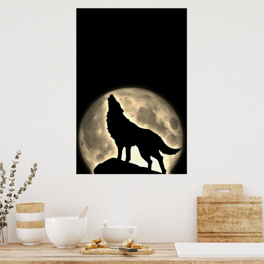 Wolf Howling bij Moon Sepia Poster (Keuken)