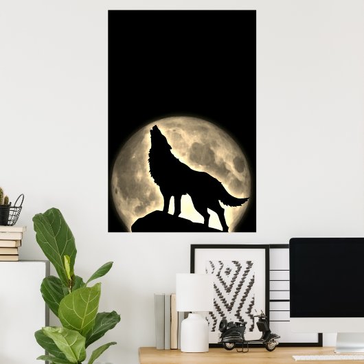 Wolf Howling bij Moon  Sepia Poster (Thuiskantoor)