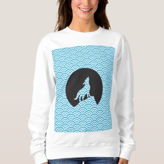 Wolf Howling bij Moon Sweatshirt-met Wave Pattern Trui (Voorkant)