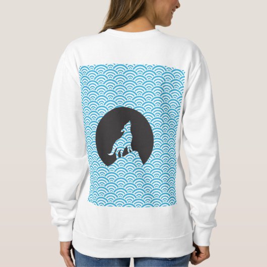 Wolf Howling bij Moon Sweatshirt-met Wave Pattern Trui (Achterkant)