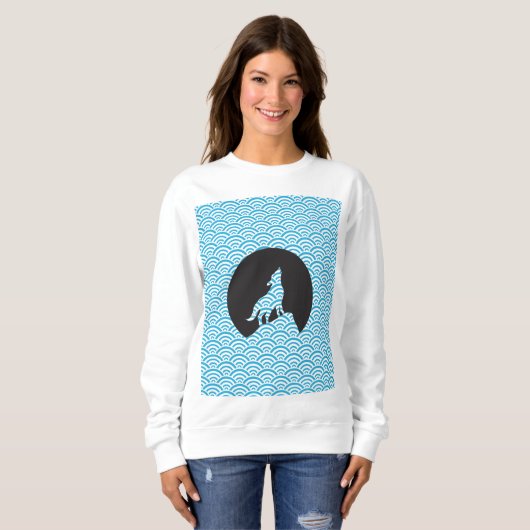 Wolf Howling bij Moon Sweatshirt-met Wave Pattern Trui (Voorkant volledig)