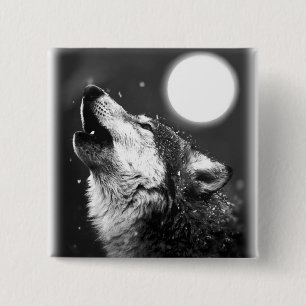 Wolf Howling bij Moon Vierkante Button 5,1 Cm