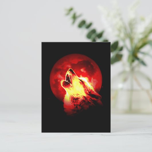Wolf Howling bij Rode Nacht Briefkaart (Staand voorkant)