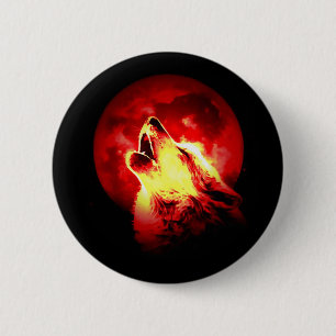 Wolf Howling bij Rode Nacht Ronde Button 5,7 Cm